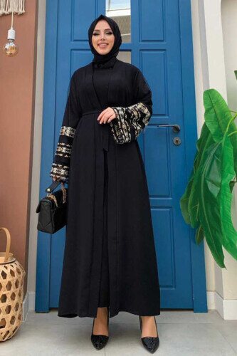 Sleeve Embroidered Waist Belted Abaya 7814 Black - 2