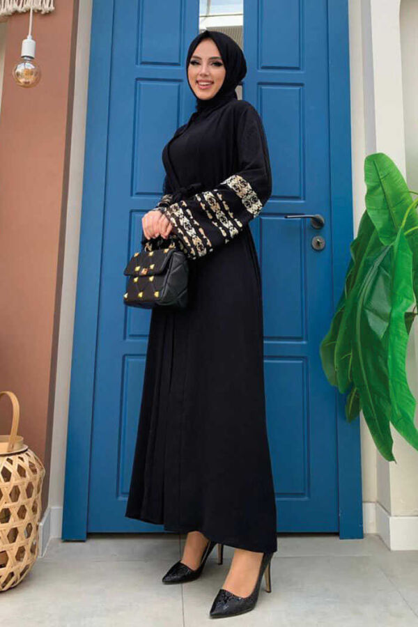 Sleeve Embroidered Waist Belted Abaya 7814 Black - 3