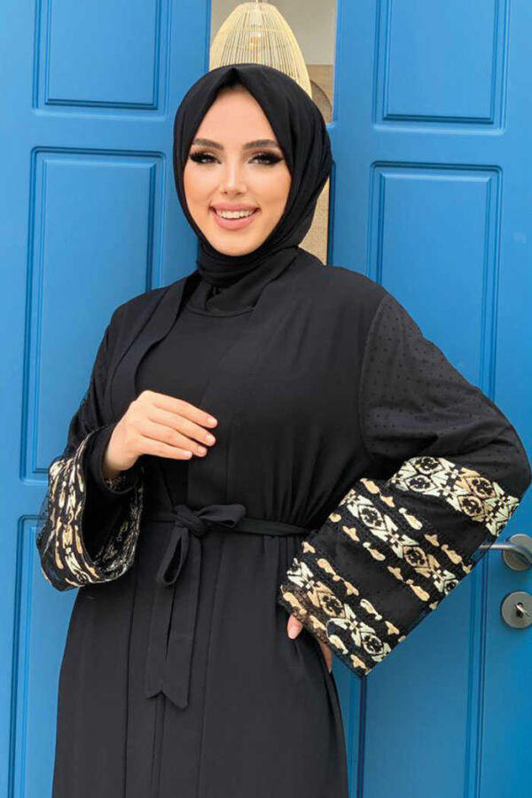 Sleeve Embroidered Waist Belted Abaya 7814 Black - 4