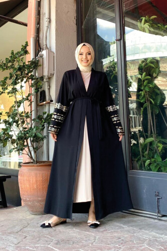 Sleeve Embroidered Waist Belted Abaya 7814 Black - 1