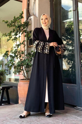 Sleeve Embroidered Waist Belted Abaya 7814 Black - 2