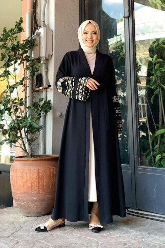 Sleeve Embroidered Waist Belted Abaya 7814 Black - 3