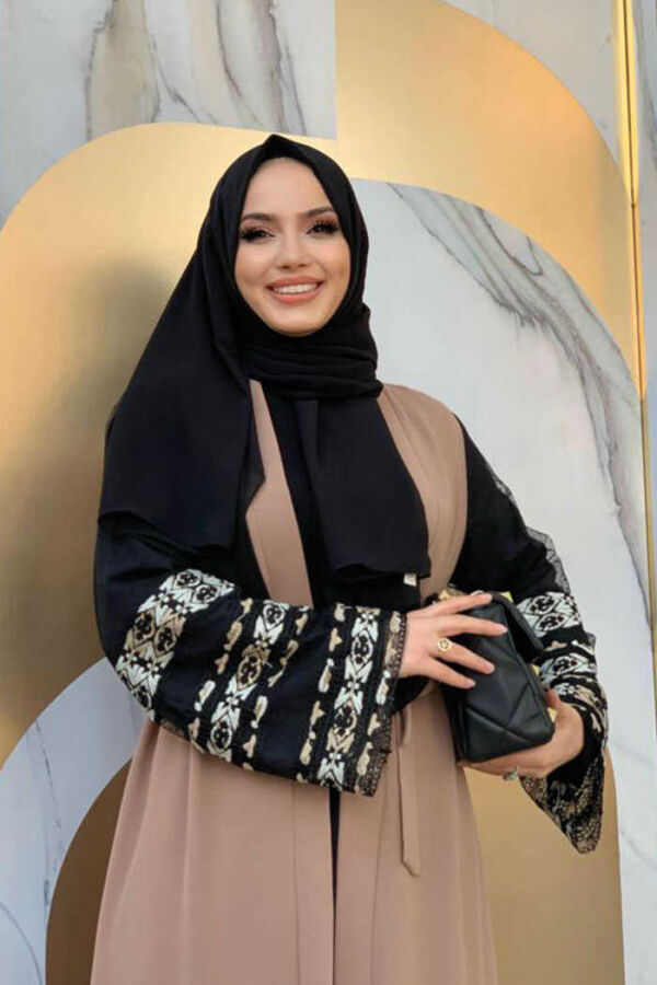 Ärmelbestickte Abaya mit Taillengürtel 7814 Nerz - 4