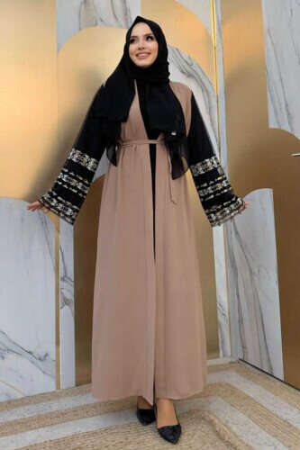 Sleeve Embroidered Waist Belted Abaya 7814 Mink 