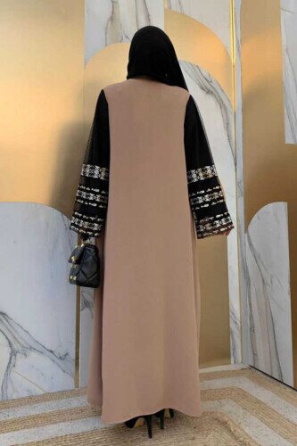 Sleeve Embroidered Waist Belted Abaya 7814 Mink - 2