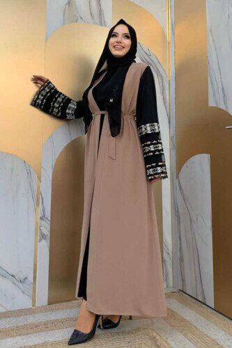 Sleeve Embroidered Waist Belted Abaya 7814 Mink - 3