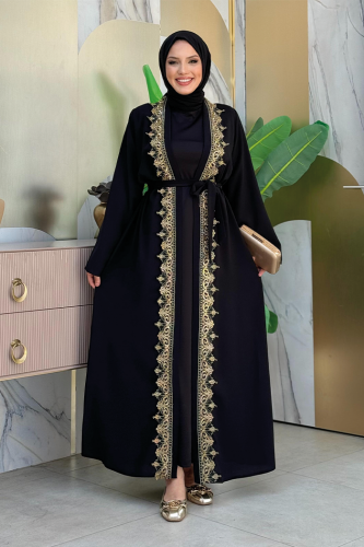 Guipure Embroidered Front Waist Tie Straight Abaya 7820 Black 