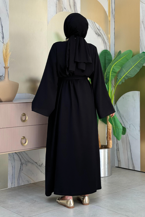 Guipure Embroidered Front Waist Tie Straight Abaya 7820 Black - 2