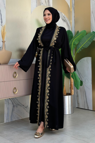 Guipure Embroidered Front Waist Tie Straight Abaya 7820 Black - 3