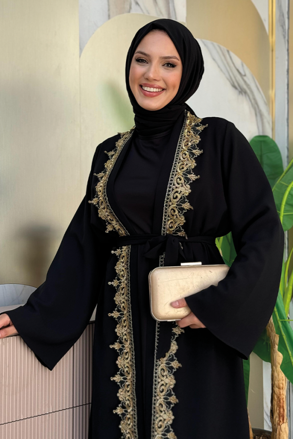 Гипюровый галстук с вышивкой спереди Abaya 7820 Black - 4