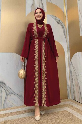 Embroidered Guipure Embroidered Waist Tie Straight Abaya 7820 Claret Red 