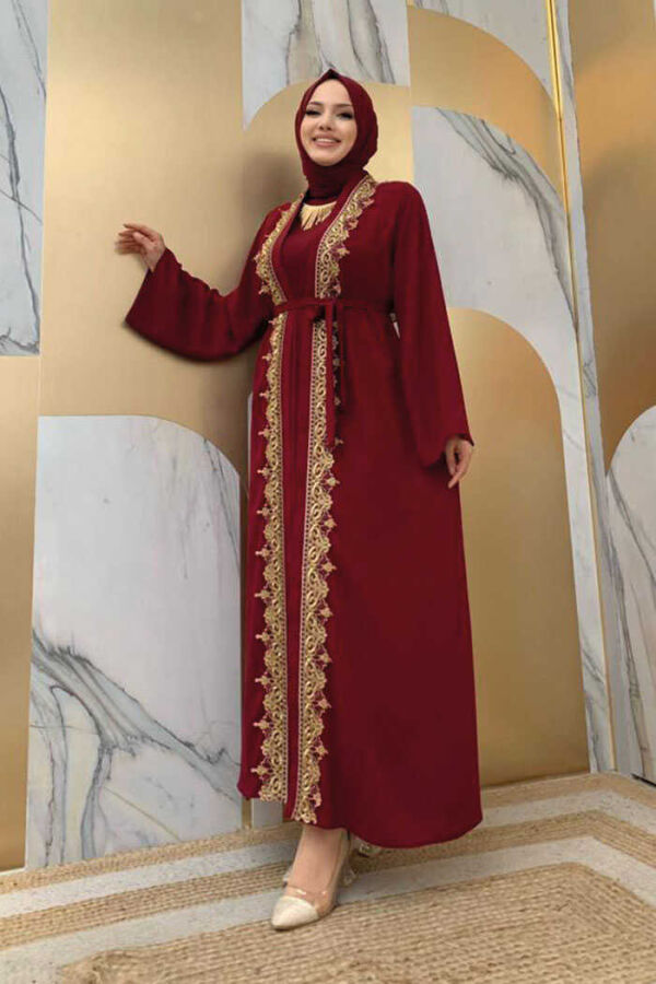 Embroidered Guipure Embroidered Waist Tie Straight Abaya 7820 Claret Red - 2