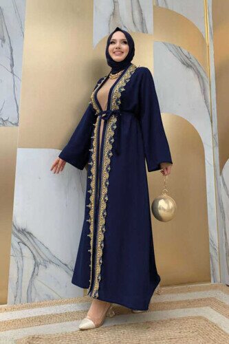 Gestickte Guipure-gestickte Taillenkrawatte, gerade Abaya 7820, Marineblau - 2