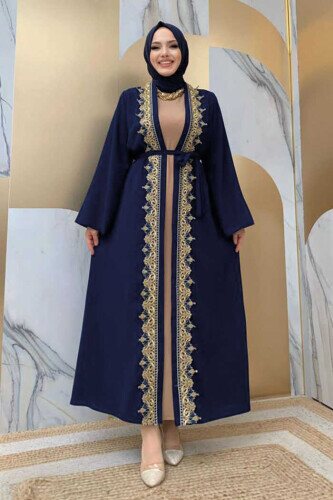 Embroidered Guipure Embroidered Waist Tie Straight Abaya 7820 Navy Blue 