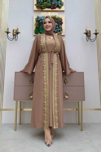 Front Guipure Embroidered Waist Tie Straight Abaya 7820 Mink 