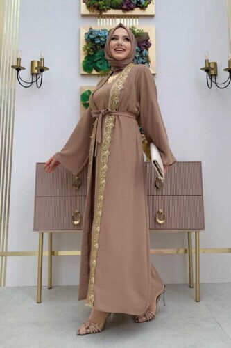 Front Guipure Embroidered Waist Tie Straight Abaya 7820 Mink - 2