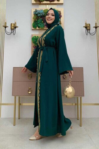 Embroidered Guipure Embroidered Waist Tie Straight Abaya 7820 Emerald 