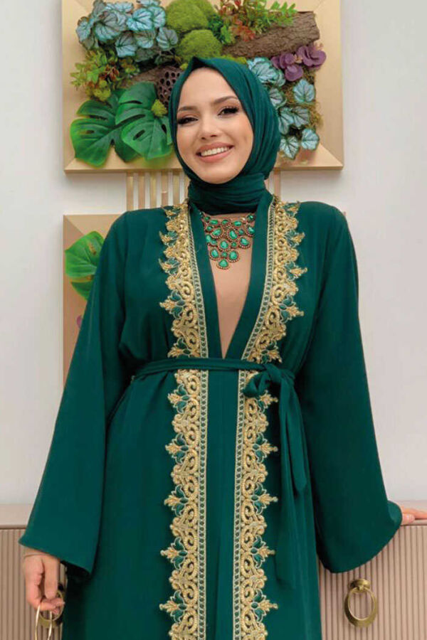 Embroidered Guipure Embroidered Waist Tie Straight Abaya 7820 Emerald - 3