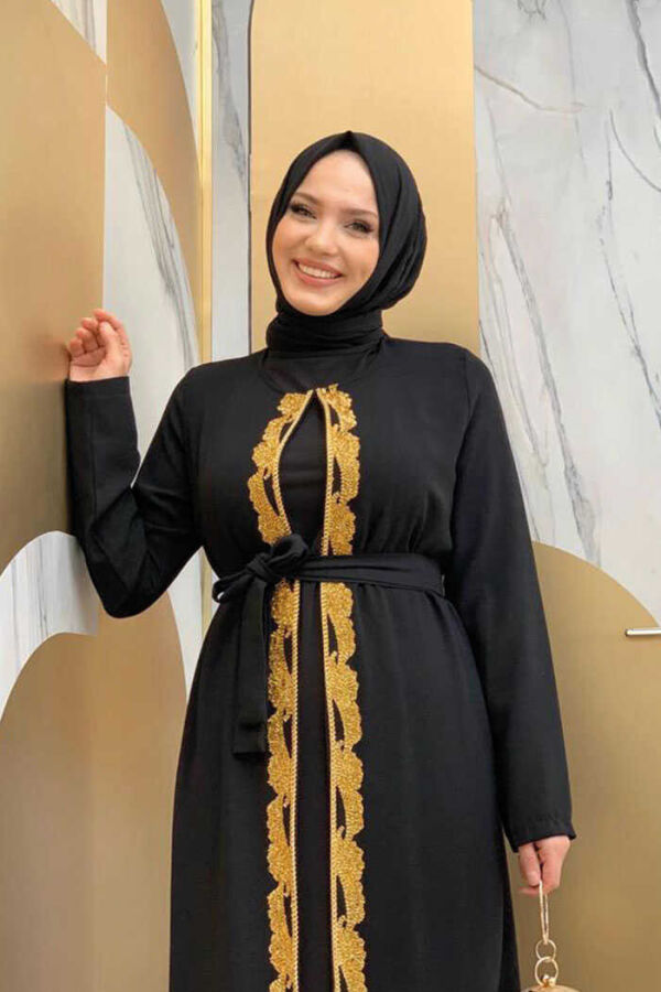 Perlenbestickte Abaya mit Taillengürtel 7821 Schwarz - 4