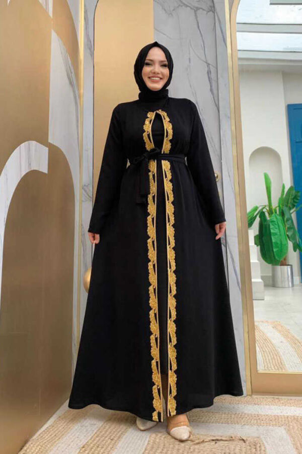 Waist Belted Bead Embroidered Abaya 7821 Black - 1