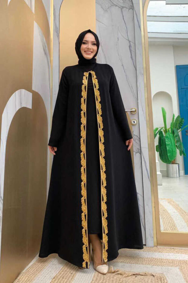 Waist Belted Bead Embroidered Abaya 7821 Black - 2