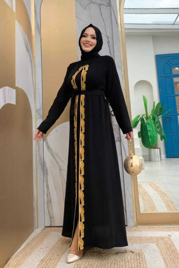 Waist Belted Bead Embroidered Abaya 7821 Black - 3