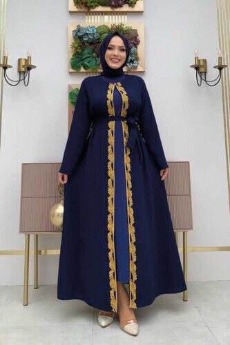 Waist Belted Bead Embroidered Abaya 7821 Navy 