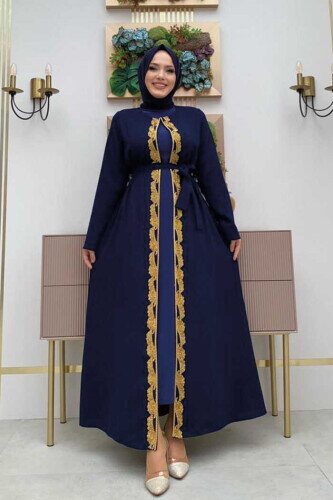 Waist Belted Bead Embroidered Abaya 7821 Navy - 2