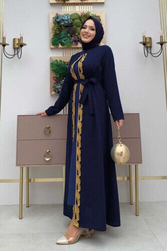 Waist Belted Bead Embroidered Abaya 7821 Navy - 3