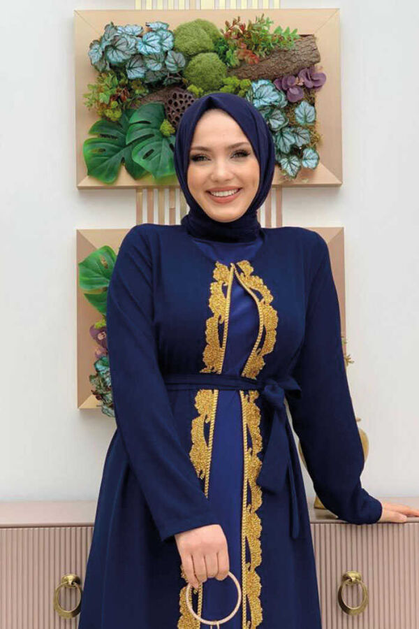 Waist Belted Bead Embroidered Abaya 7821 Navy - 4