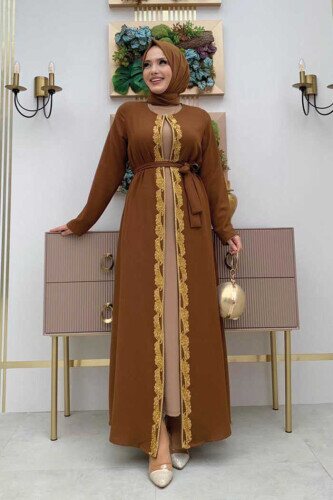 Perlenbestickte Abaya mit Taillengürtel 7821 Tabak 