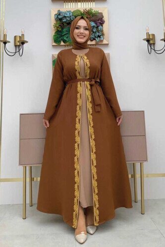 Perlenbestickte Abaya mit Taillengürtel 7821 Tabak - 2