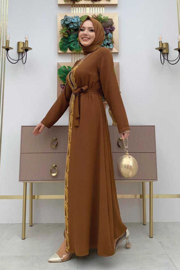 Perlenbestickte Abaya mit Taillengürtel 7821 Tabak - 3