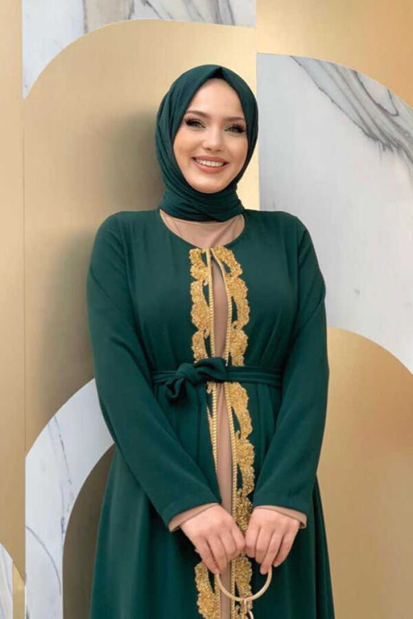 Perlenbestickte Abaya mit Taillengürtel 7821 Smaragd - 4