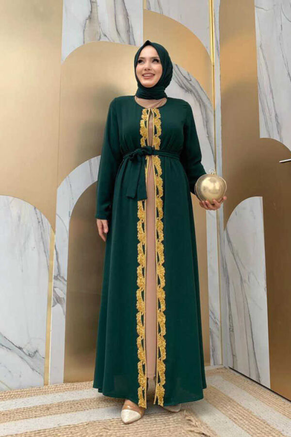 Waist Belted Bead Embroidered Abaya 7821 Emerald - 1