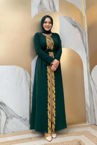 Waist Belted Bead Embroidered Abaya 7821 Emerald - 2