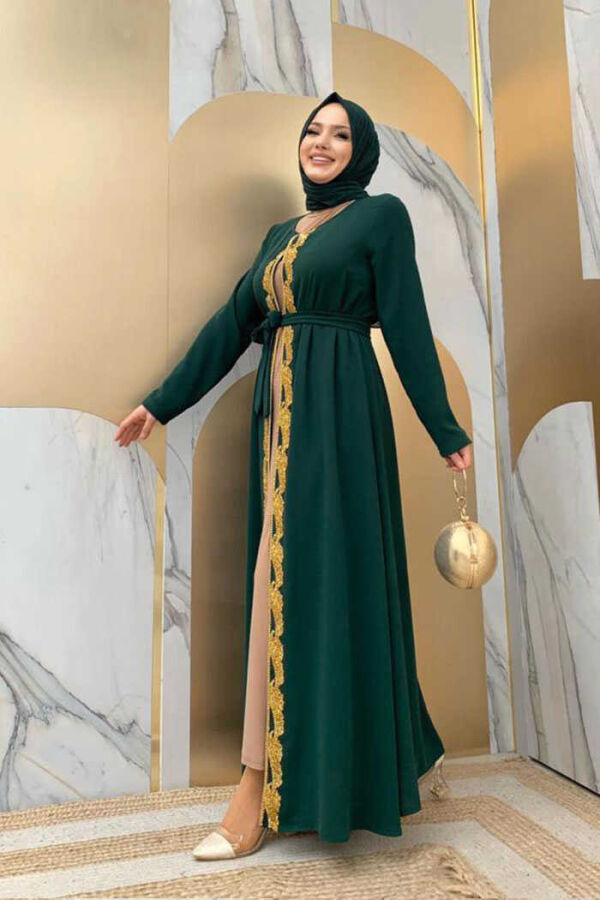 Waist Belted Bead Embroidered Abaya 7821 Emerald - 3