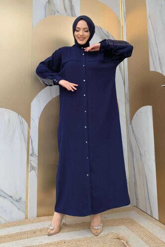 Back Chain Tassel Detail Button Down Bat Collar Abaya 7822 Navy Blue 