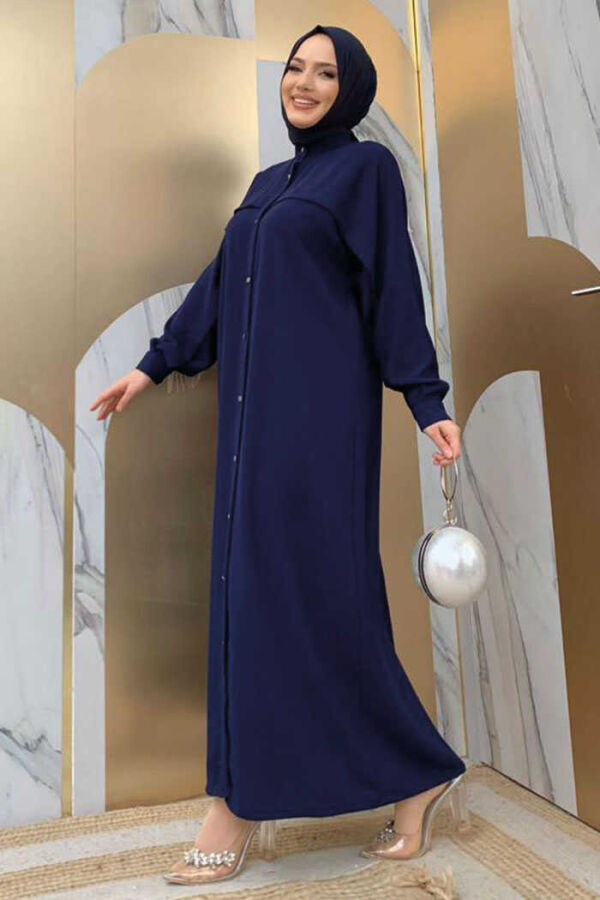 Back Chain Tassel Detail Button Down Bat Collar Abaya 7822 Navy Blue - 2