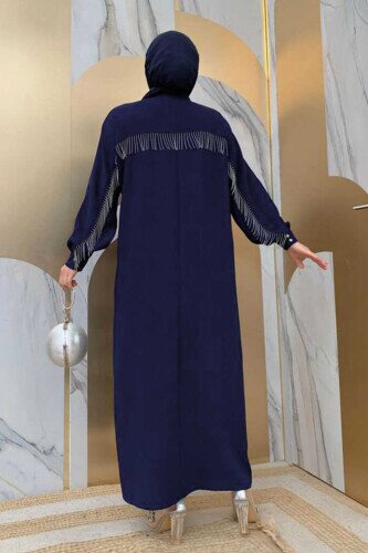 Back Chain Tassel Detail Button Down Bat Collar Abaya 7822 Navy Blue - 3