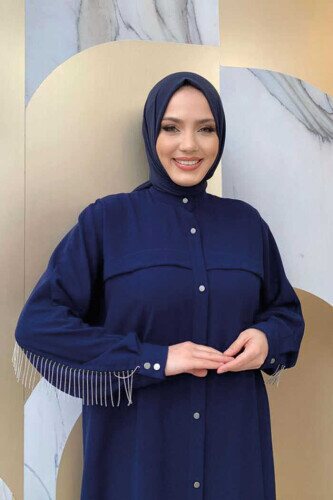 Back Chain Tassel Detail Button Down Bat Collar Abaya 7822 Navy Blue - 4