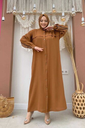 Hinten Kette Quaste Detail Button-Down-Fledermauskragen Abaya 7822 Taba - 1