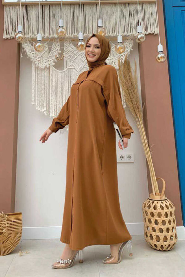 Back Chain Tassel Detail Button Down Bat Collar Abaya 7822 Taba - 2