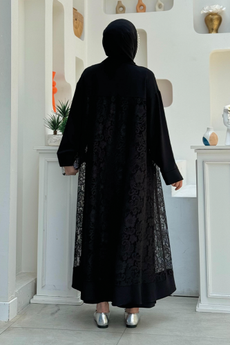 Abaya mit Spitzen-Guipure-Detail und Kragen, 7830 Schwarz - 2