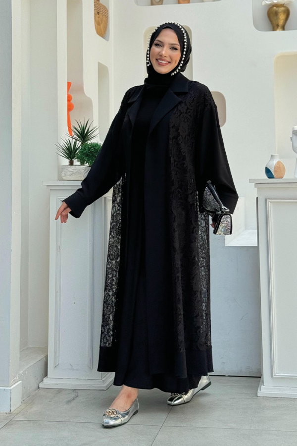 Abaya mit Spitzen-Guipure-Detail und Kragen, 7830 Schwarz - 3