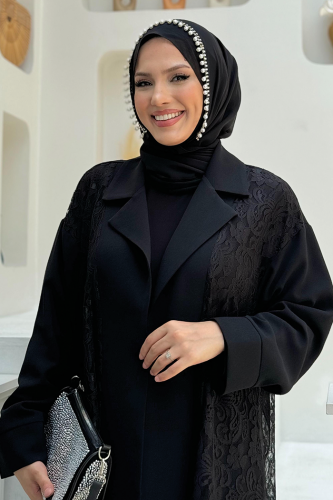 Abaya mit Spitzen-Guipure-Detail und Kragen, 7830 Schwarz - 4