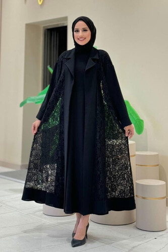 Abaya mit Spitzen-Guipure-Detail und Kragen, 7830 Schwarz - 1