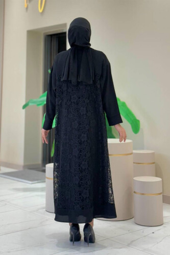 Abaya mit Spitzen-Guipure-Detail und Kragen, 7830 Schwarz - 2