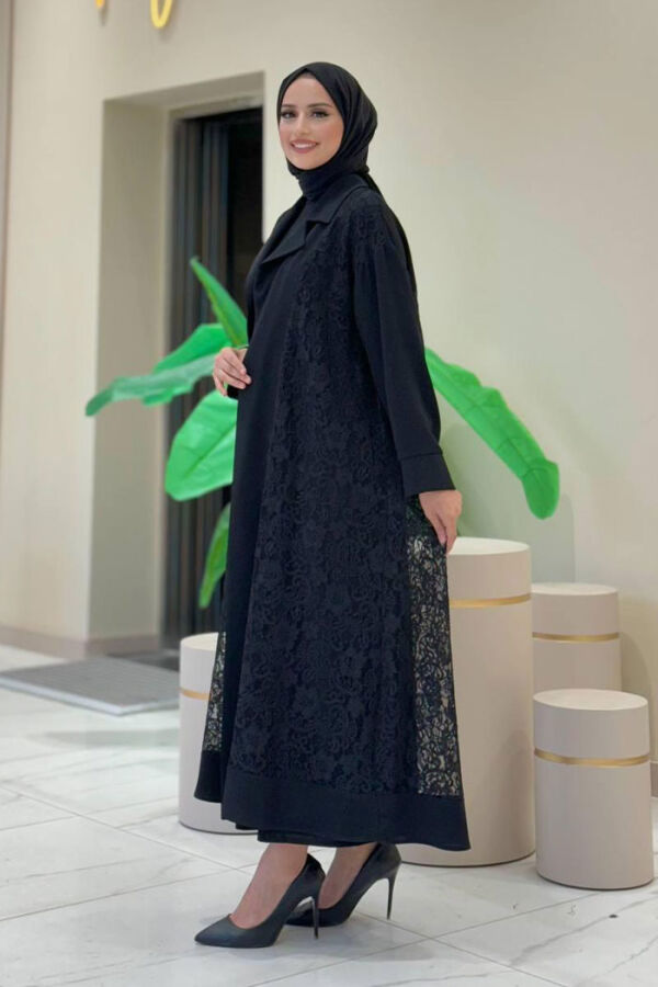 Abaya mit Spitzen-Guipure-Detail und Kragen, 7830 Schwarz - 3