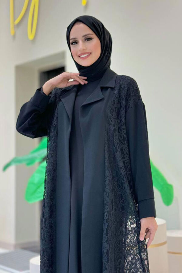 Abaya mit Spitzen-Guipure-Detail und Kragen, 7830 Schwarz - 4